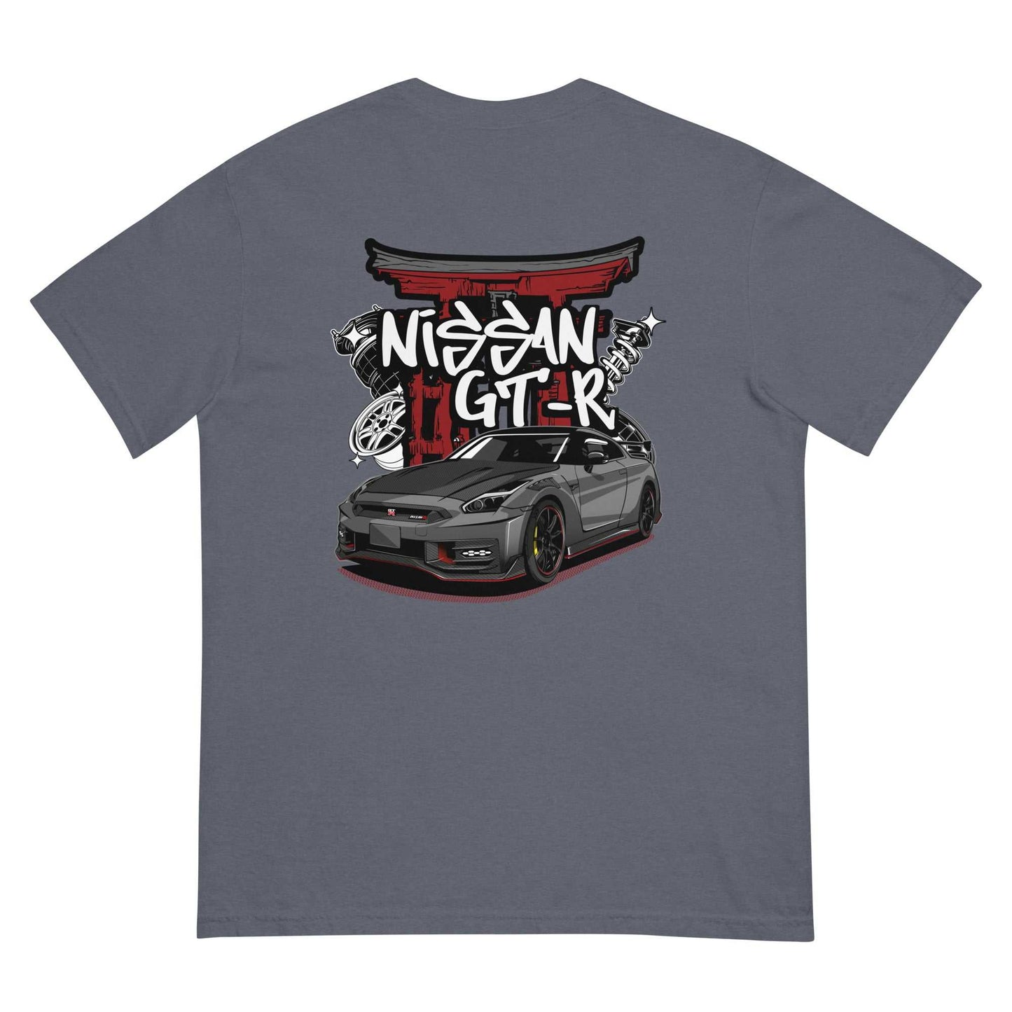 Torii Titan GT-R Tee with Nissan GT-R graphic and Japanese Torii gate design on gray fabric