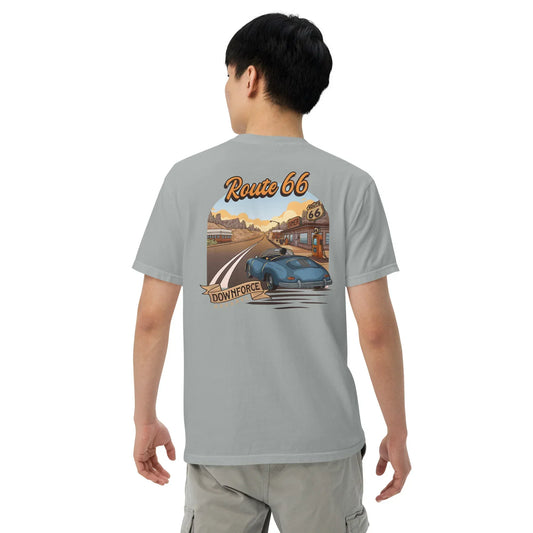 Back of unisex granite graphic t-shirt with Route 66 car and Downforce banner print