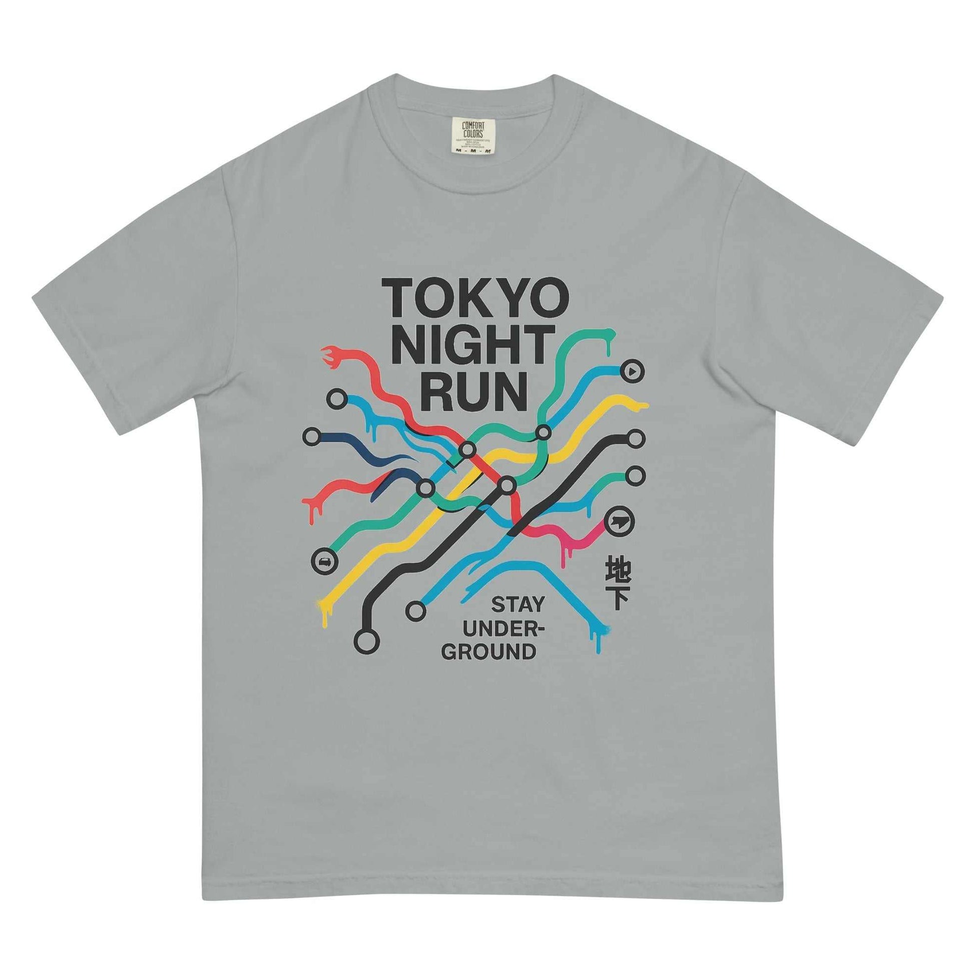 Gray heavyweight Tokyo Metro map graphic t-shirt with "TOKYO NIGHT RUN" text and colorful subway lines design