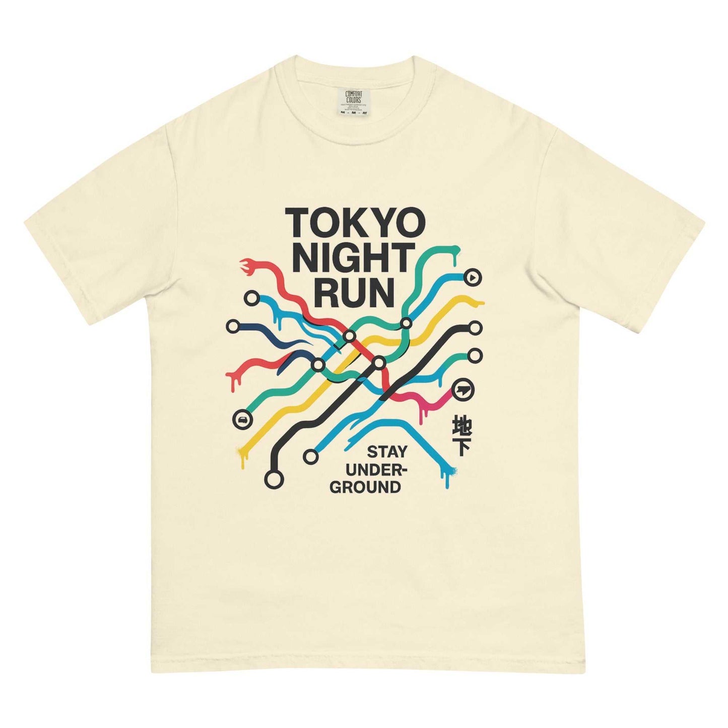 Tokyo Metro Map graphic heavyweight cotton t-shirt with "Tokyo Night Run Stay Underground" text.