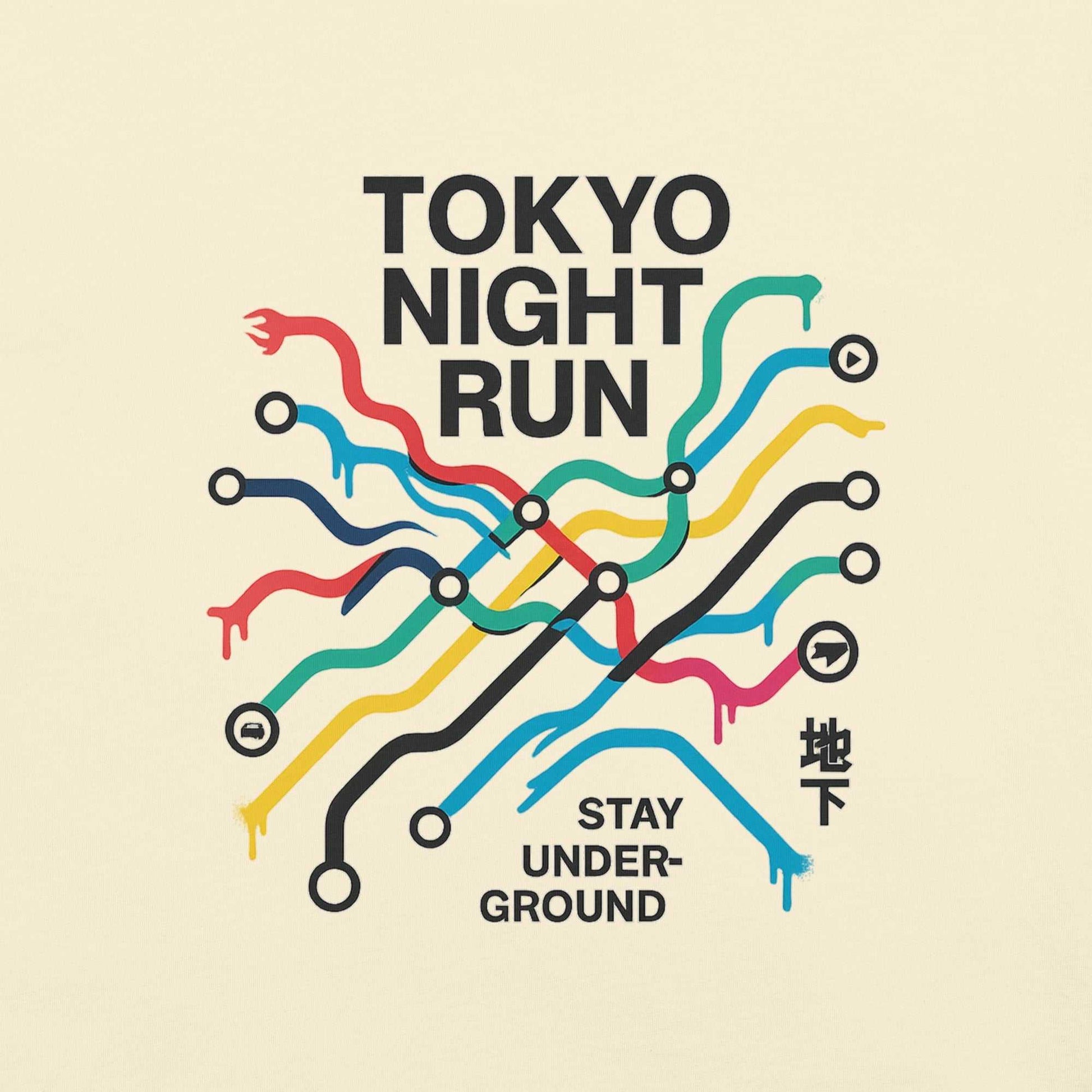 Tokyo Metro Map graphic heavyweight cotton tee with "Tokyo Night Run Stay Underground" text