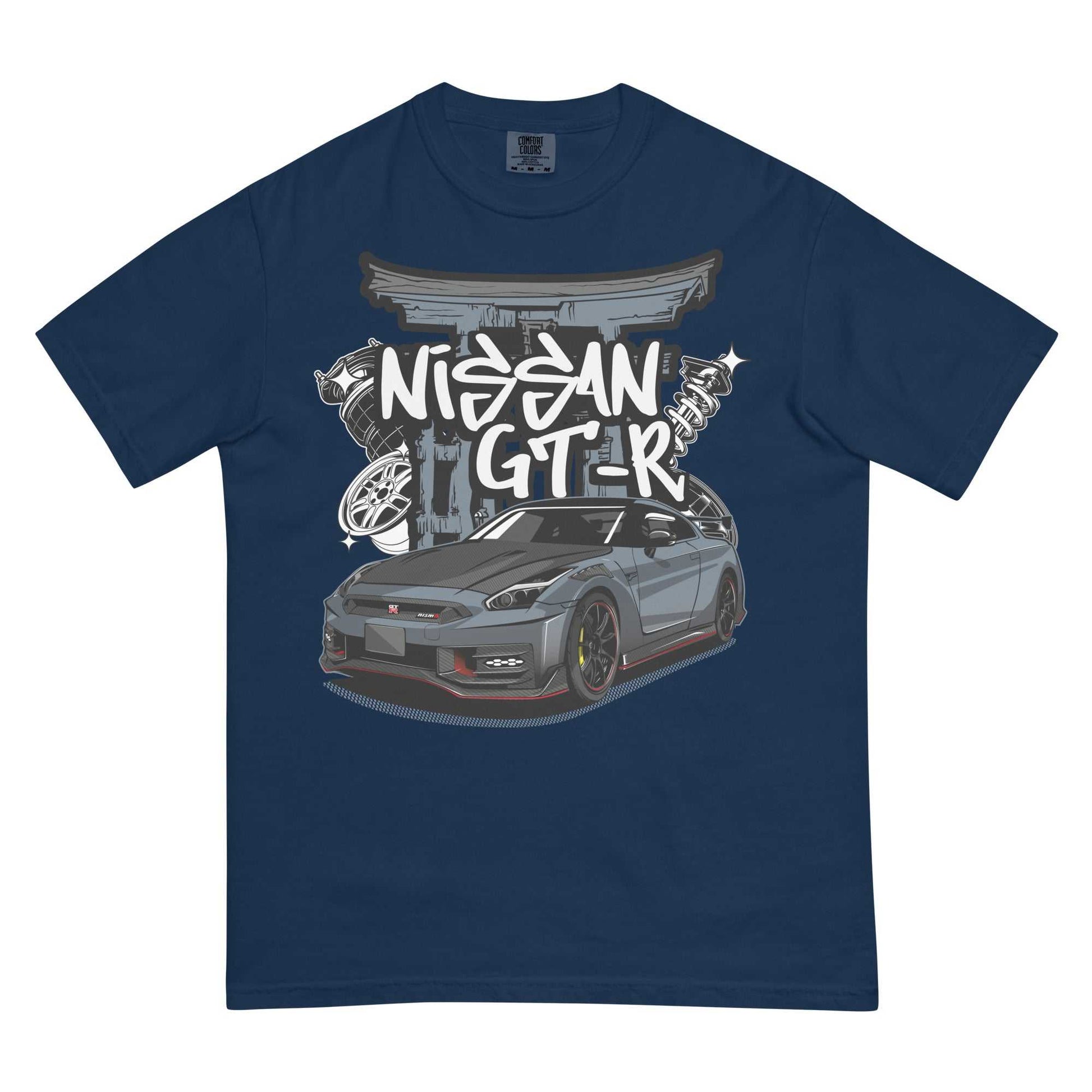 Torii Titan GT-R Tee navy blue shirt featuring Nissan GT-R graphic with Torii gate and racing elements