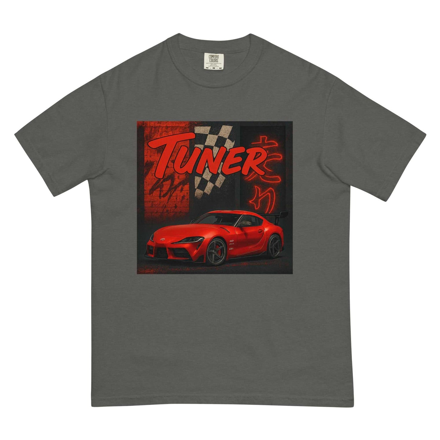 Gray Redline Supra Tuner Tee with red sports car graphic and tuner-themed design