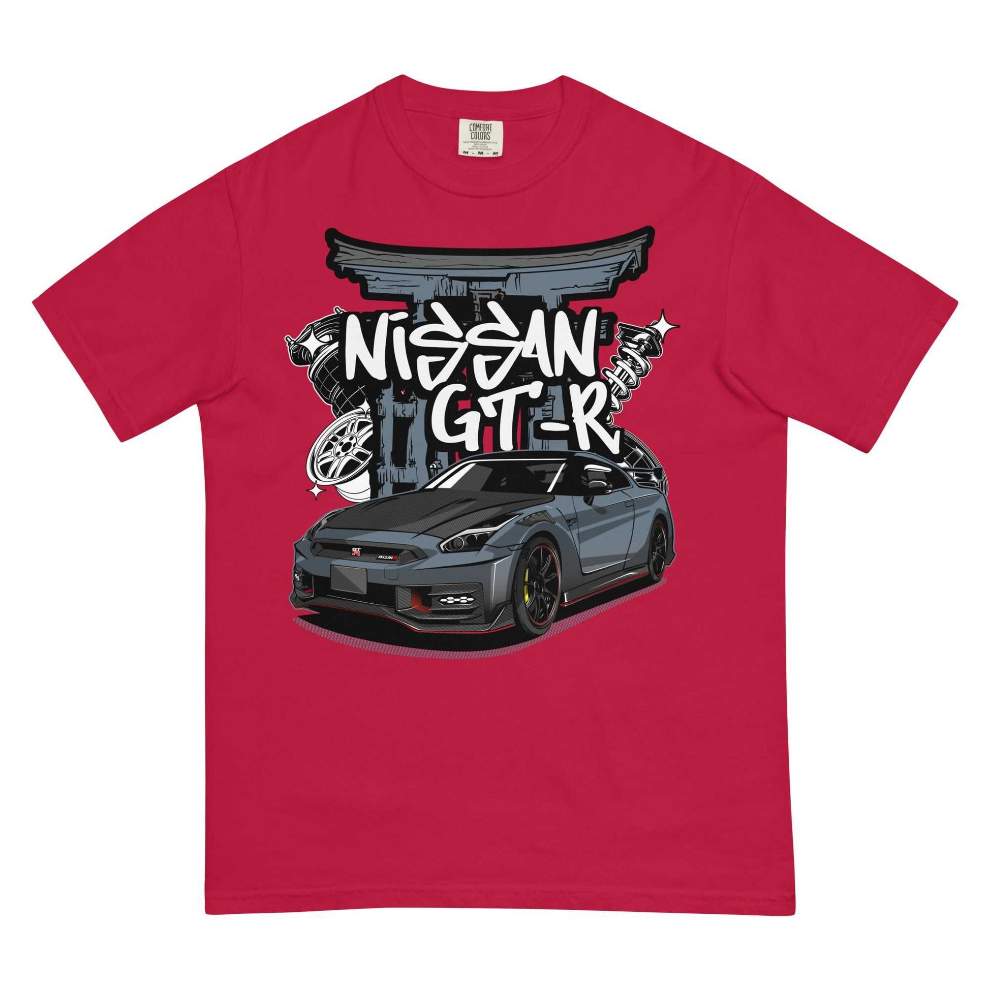 Red Torii Titan GT-R Tee featuring a graphic of Nissan GT-R R35, Torii gate, suspension coils, and racing wheels