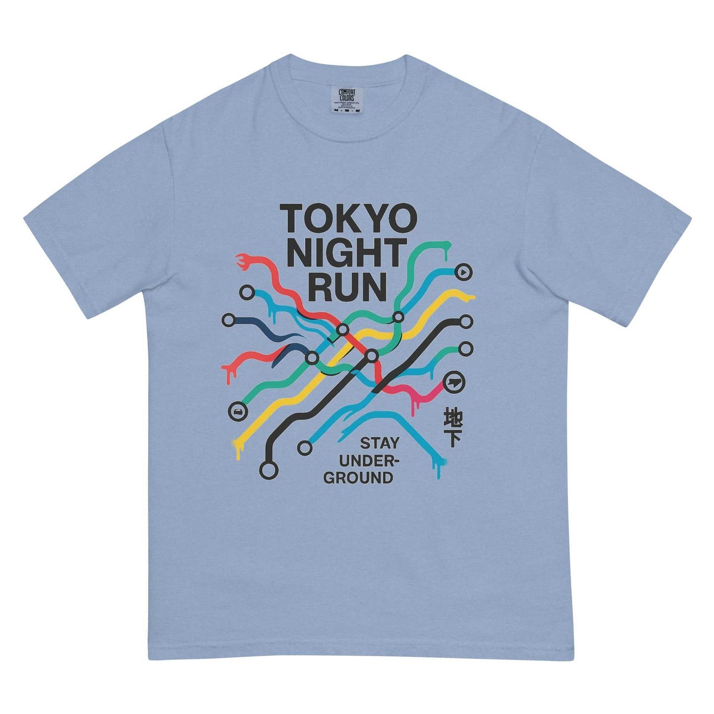 Light blue heavyweight cotton tee with colorful Tokyo metro map graphic and "Tokyo Night Run Stay Underground" text.