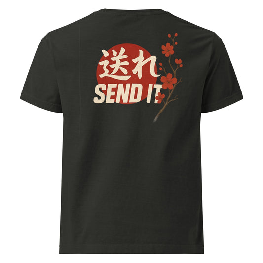 Black oversized Send It Oversized Tee with red sun graphic, Japanese Kanji, and sakura branch design on back.