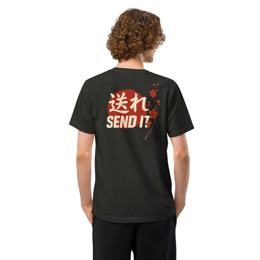 Back view of a person wearing a black oversized "Send It" tee featuring Japanese Kanji, a red rising sun circle, and sakura branch design.
