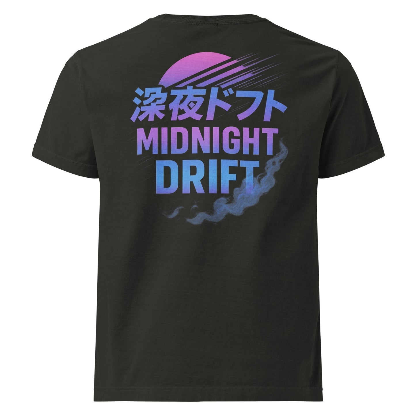 Black Midnight Drift oversized tee with purple and blue text and Japanese characters, featuring neon drift style smoke and motion lines design.