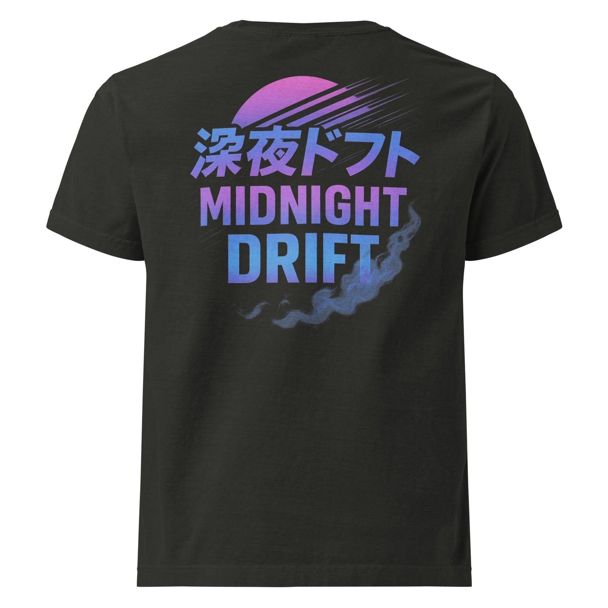 Black Midnight Drift oversized tee with purple and blue text and Japanese characters, featuring neon drift style smoke and motion lines design.