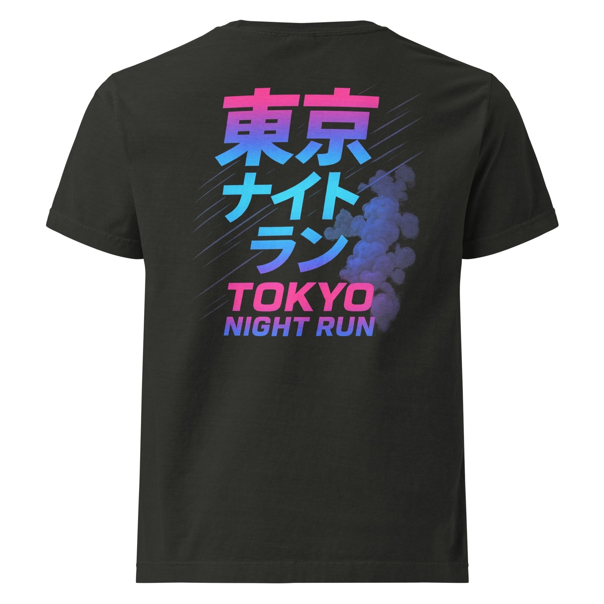 Black oversized tee with vibrant "Tokyo Night Run" JDM racing graphic and smoke design on the back