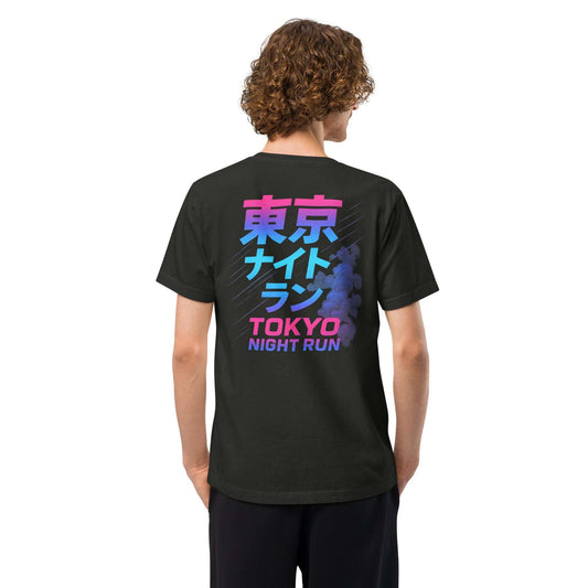 Black oversized tee with vibrant pink and blue "Tokyo Night Run" text and Japanese characters on the back, inspired by Tokyo underground racing culture.