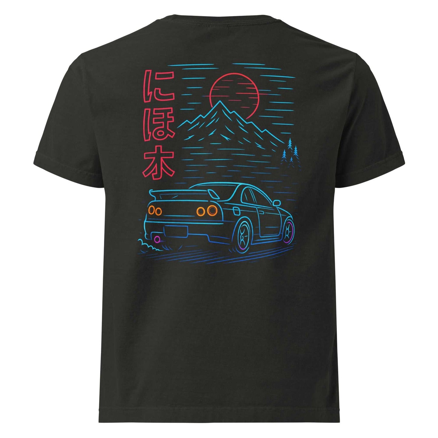 Black Skyline Drift oversized tee featuring neon-style illustration of Nissan Skyline rear silhouette with red rising sun and mountain backdrop.