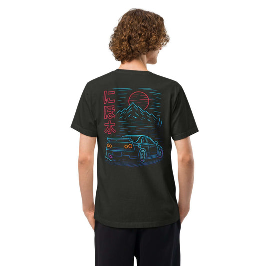 Black oversized tee with neon-style Nissan Skyline rear silhouette and mountain design inspired by Japanese drifting culture.