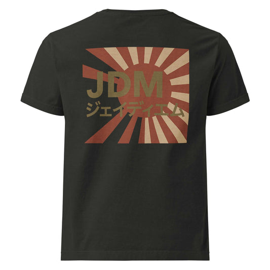 Black oversized JDM Tee with vintage Rising Sun graphic and Japanese katakana lettering on the back.