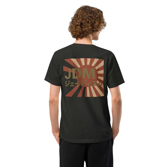 Black oversized JDM tee with vintage-washed JDM Rising Sun graphic and Japanese katakana lettering on the back.