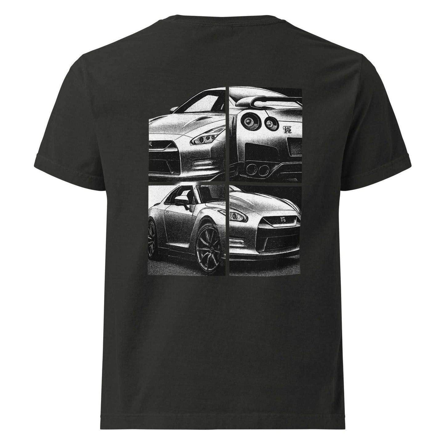 Black Legend GT-R oversized tee with fragmented halftone artwork of a silver Nissan GT-R, showcasing its front, side, and rear views in bold monochrome panels.