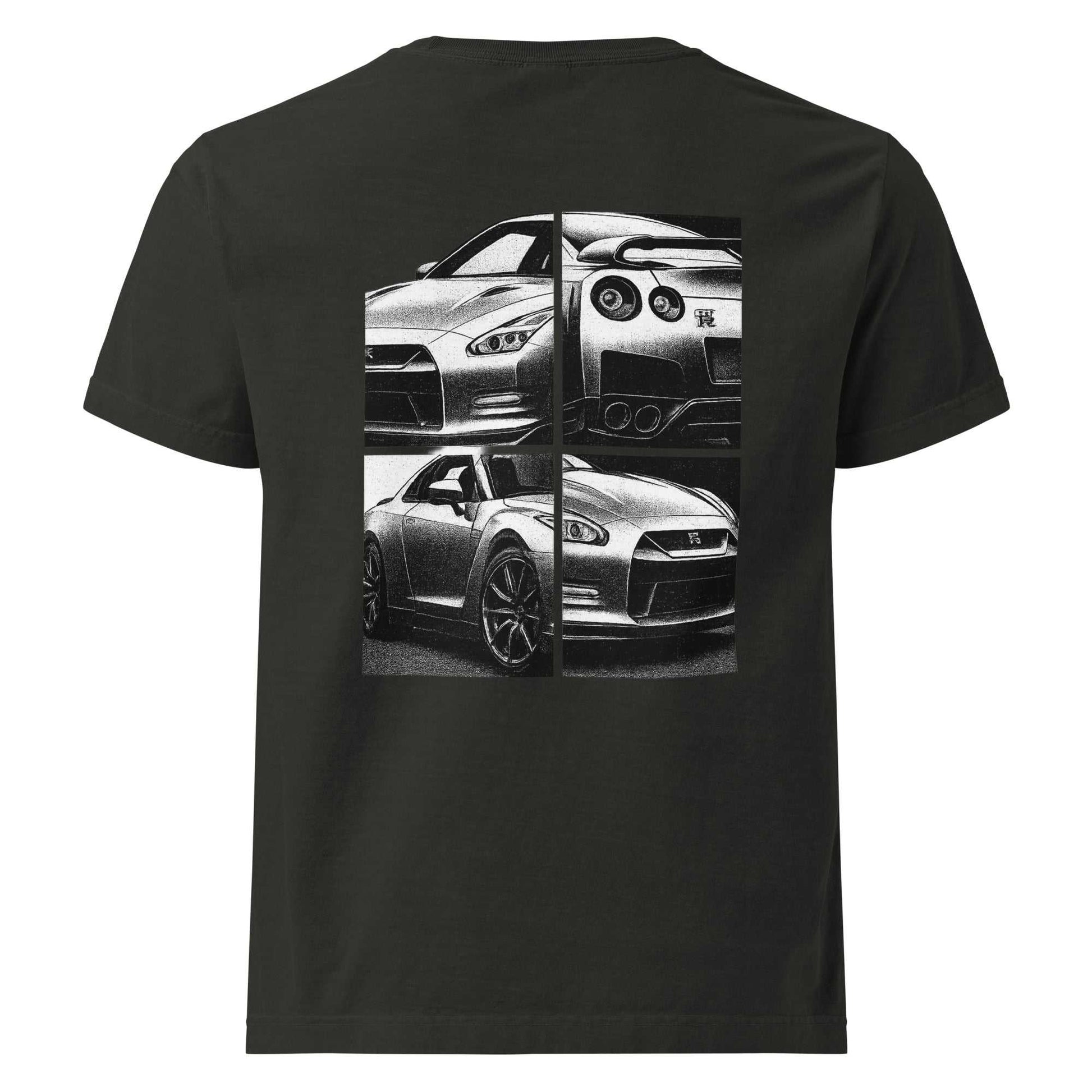 Black Legend GT-R oversized tee with fragmented halftone artwork of a silver Nissan GT-R, showcasing its front, side, and rear views in bold monochrome panels.