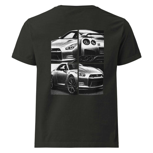 Black Legend GT-R oversized tee with fragmented halftone artwork of a silver Nissan GT-R, showcasing its front, side, and rear views in bold monochrome panels.