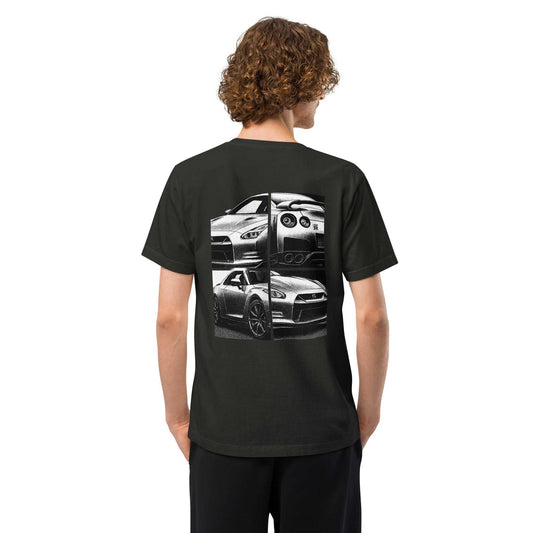 Man wearing Legend GT-R oversized tee  with fragmented halftone Nissan GT-R graphic on back