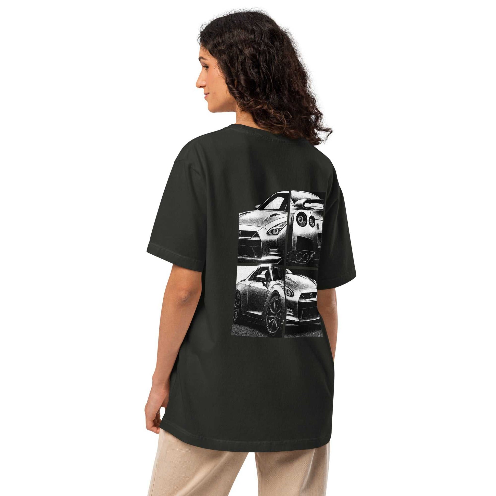 Woman wearing Legend GT-R oversized tee e with fragmented halftone Nissan GT-R car graphic on back