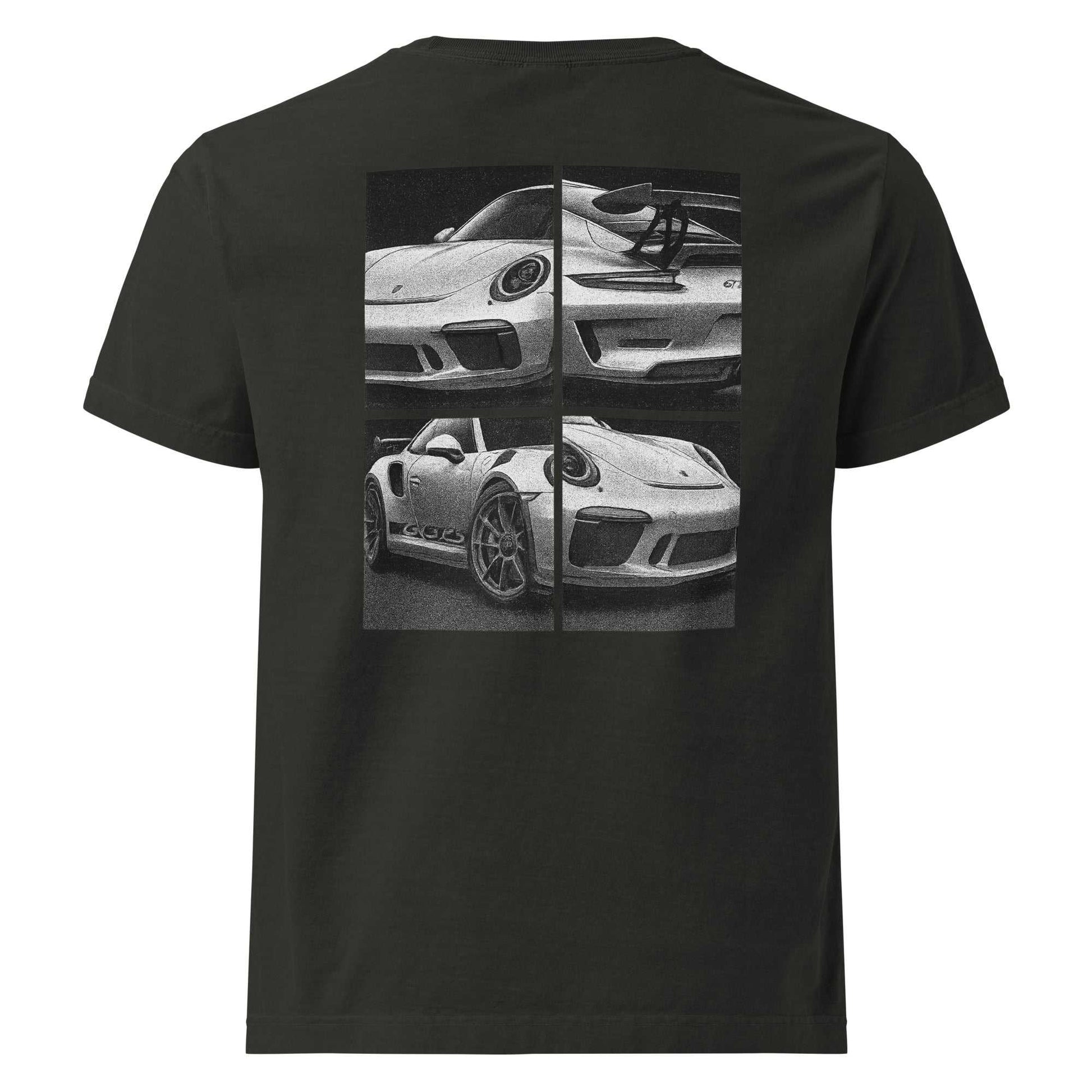 Black Legend GT3 oversized tee with fragmented halftone Porsche GT3 RS car graphic on the back, vintage-wash finish.
