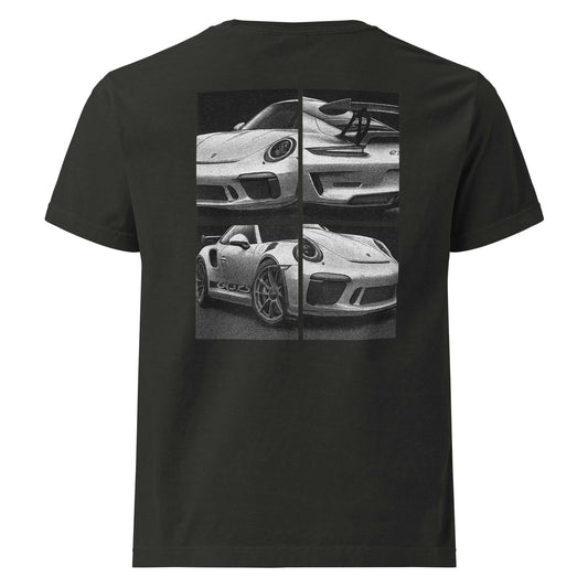 Black Legend GT3 oversized tee with fragmented halftone Porsche GT3 RS car graphic on the back, vintage-wash finish.