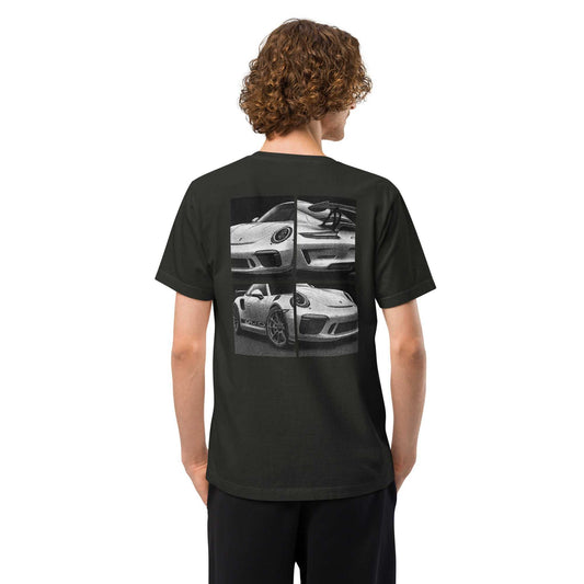 Black Legend GT3 oversized tee with fragmented halftone Porsche GT3 RS design on back, made of 100% premium cotton.