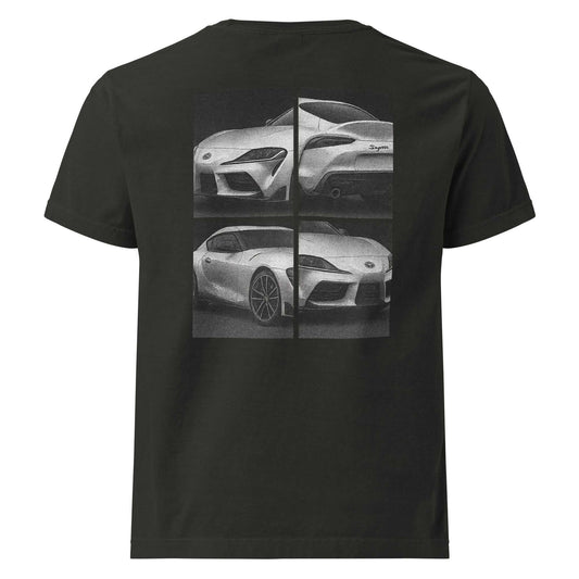 Legend Supra oversized tee in black featuring fragmented black-and-white Toyota Supra car panels on the back