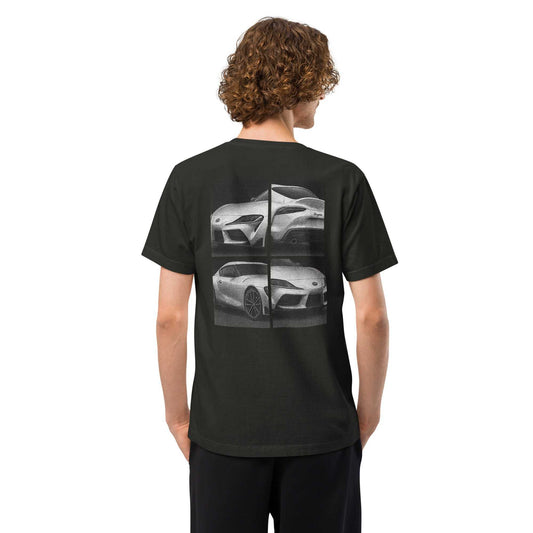 Black oversized t-shirt featuring fragmented black-and-white Toyota Supra car design on the back, vintage wash, 100% premium cotton