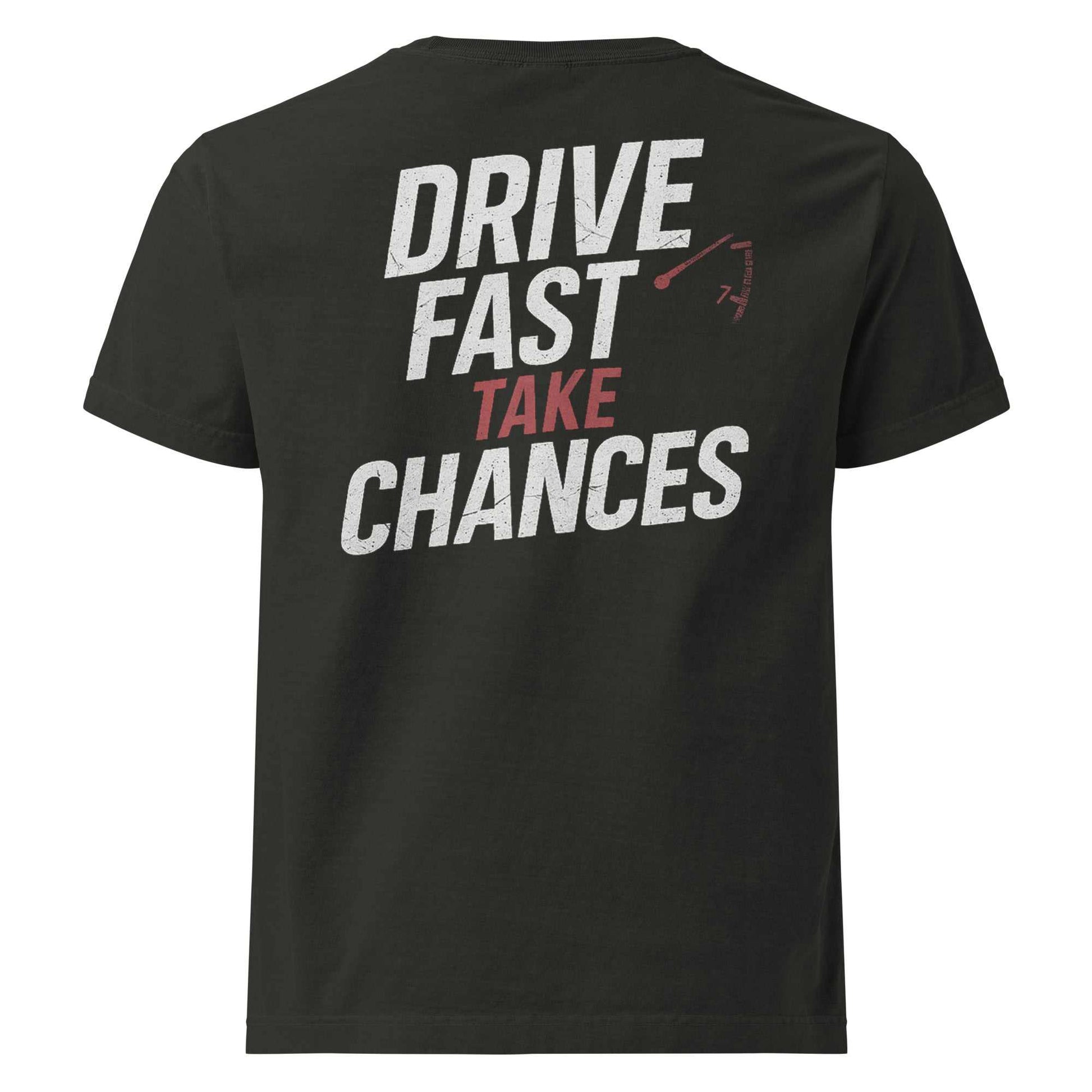 Oversized black tee with "Drive Fast Take Chances" text and redline tachometer graphic, vintage-washed cotton streetwear style