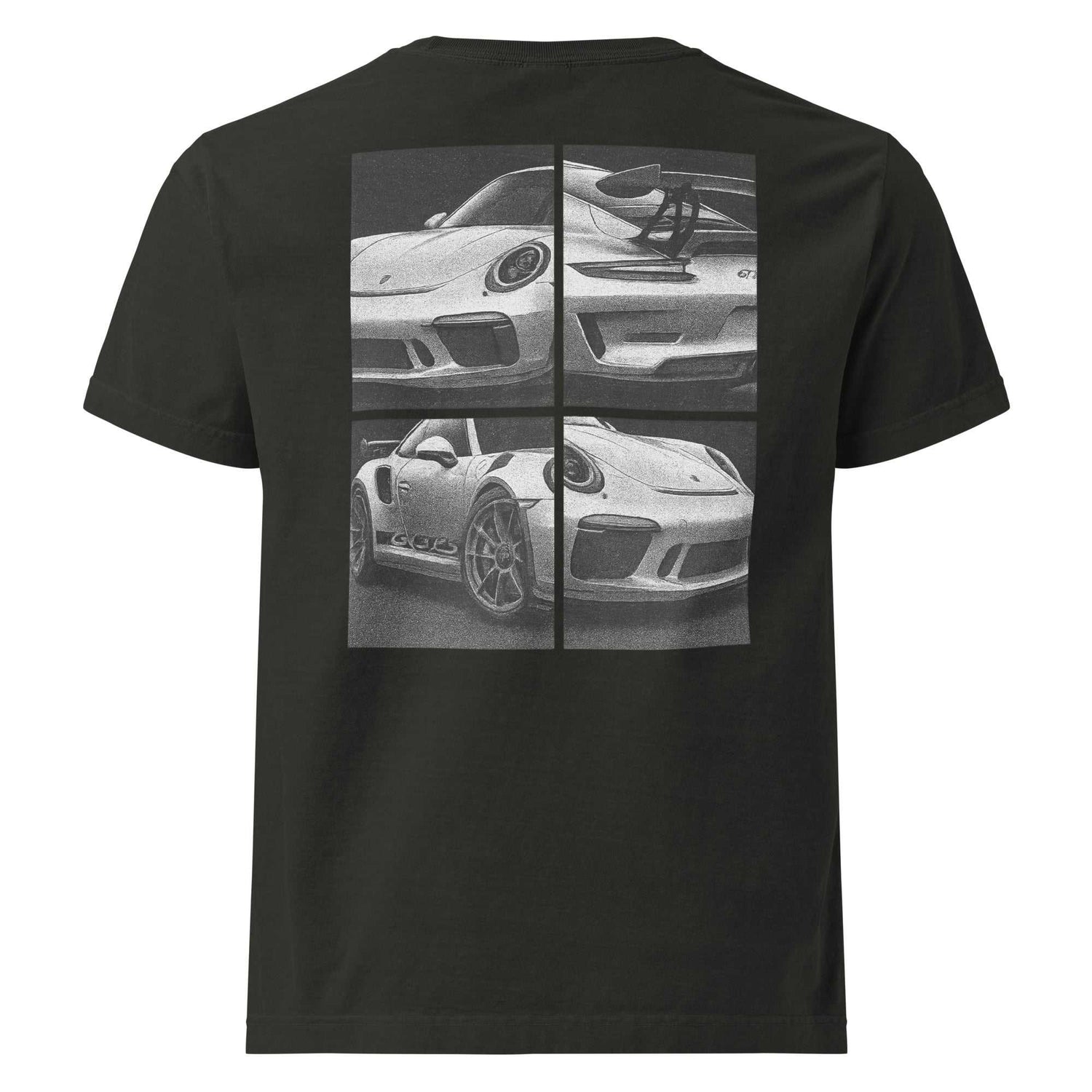 Black Legend GT3 oversized tee with four-frame Porsche GT3 RS car design on back, heavyweight cotton, vintage wash