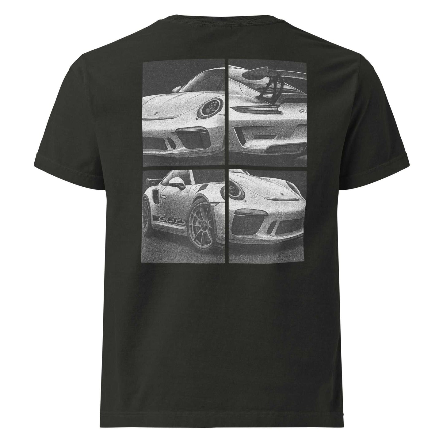 Black Legend GT3 oversized tee with four-frame Porsche GT3 RS car design on back, heavyweight cotton, vintage wash