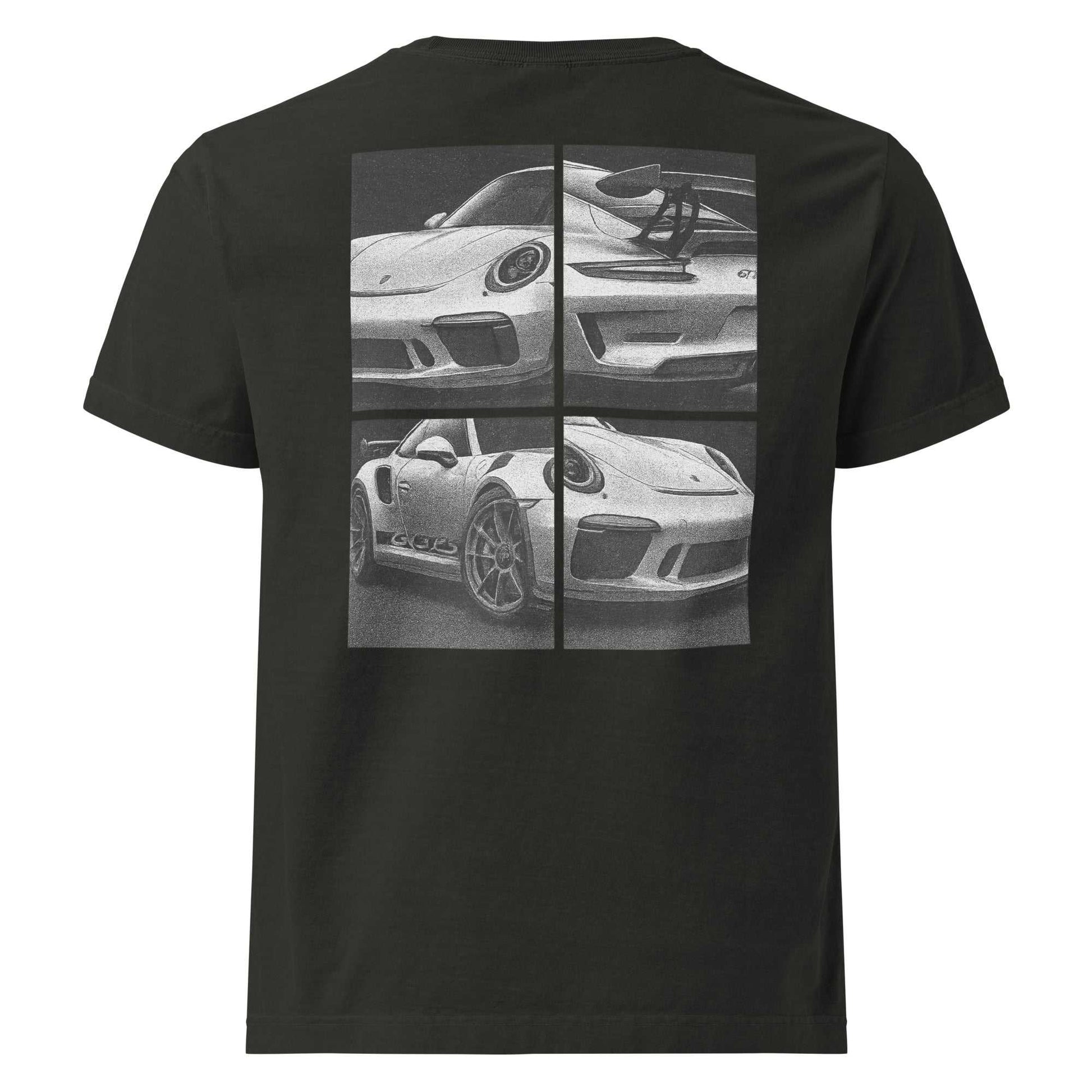 Black Legend GT3 oversized tee with four-frame Porsche GT3 RS car design on back, heavyweight cotton, vintage wash