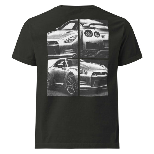 Black Legend GT-R oversized tee featuring fragmented halftone artwork of Nissan GT-R in monochrome panels for JDM streetwear enthusiasts