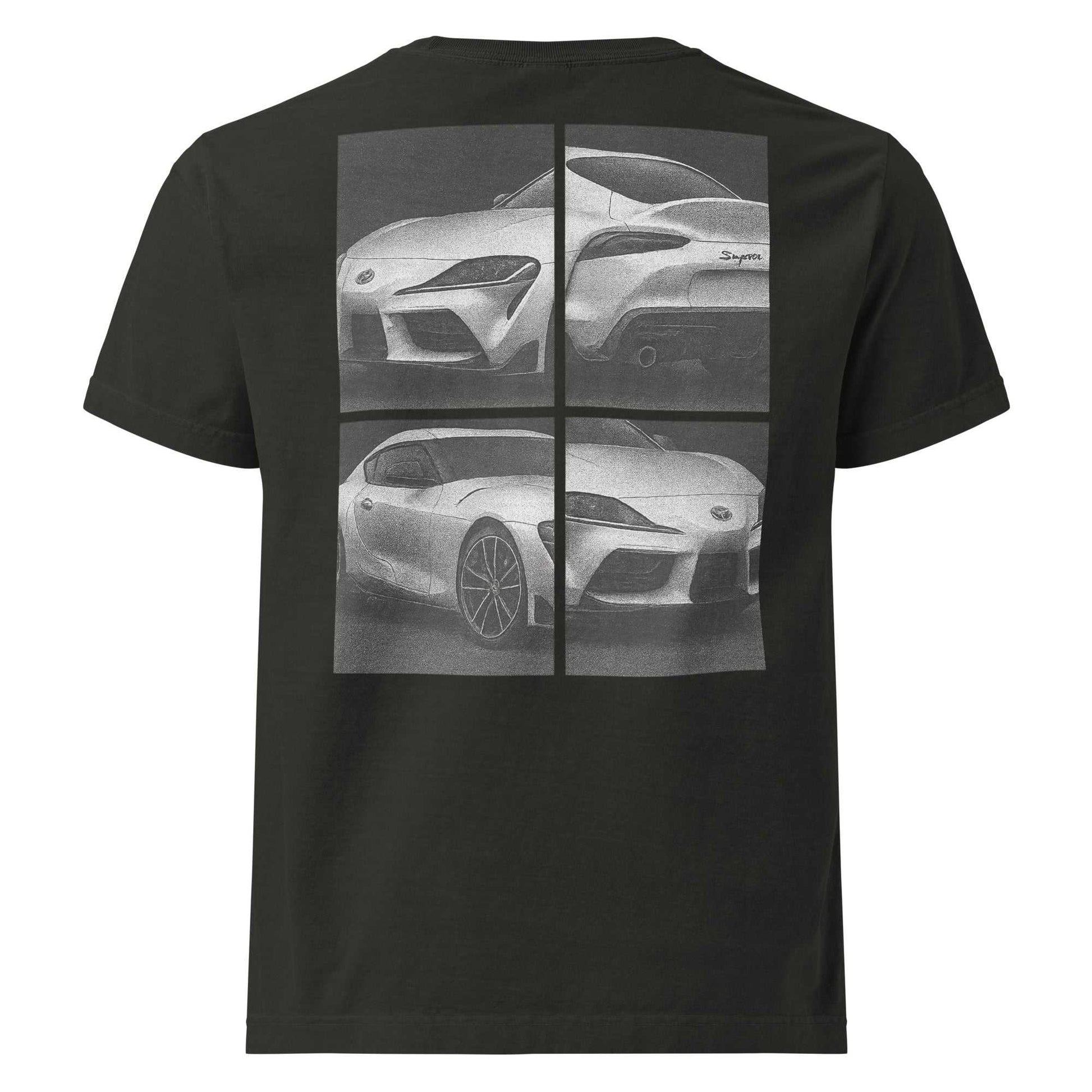 Legend Supra oversized tee with black-and-white fragmented Toyota Supra panels on back, oversized fit streetwear.