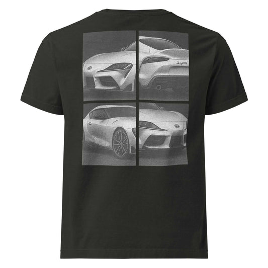 Legend Supra oversized tee with black-and-white fragmented Toyota Supra panels on back, oversized fit streetwear.