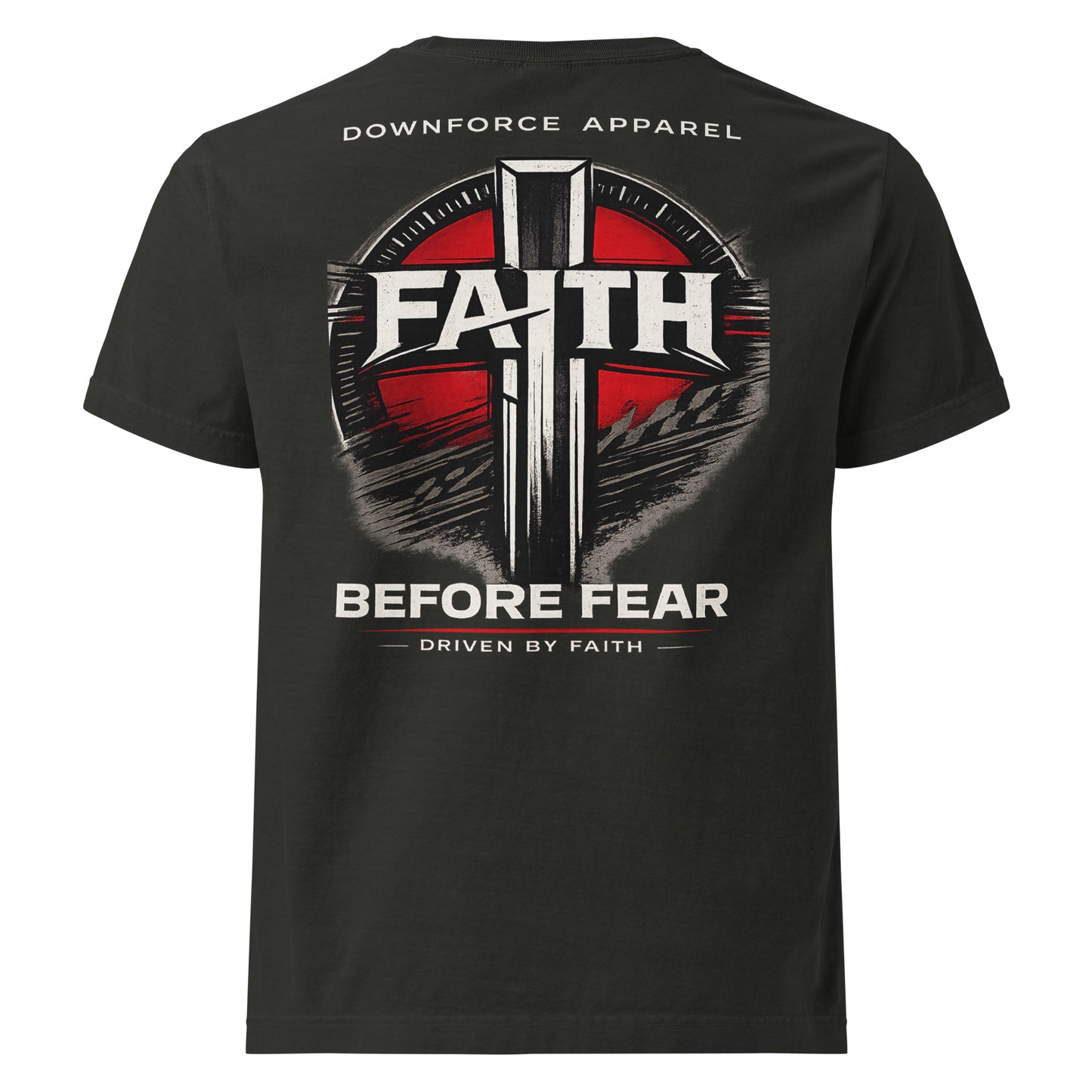 Unisex oversized black t-shirt with 'Faith Before Fear' cross graphic and red circle on back