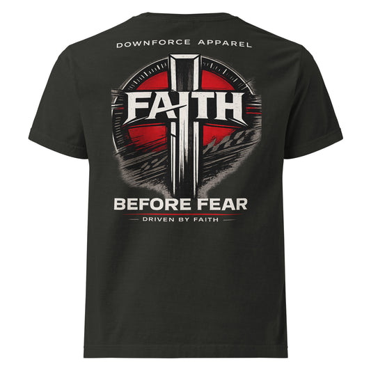 Unisex oversized black t-shirt with 'Faith Before Fear' cross graphic and red circle on back