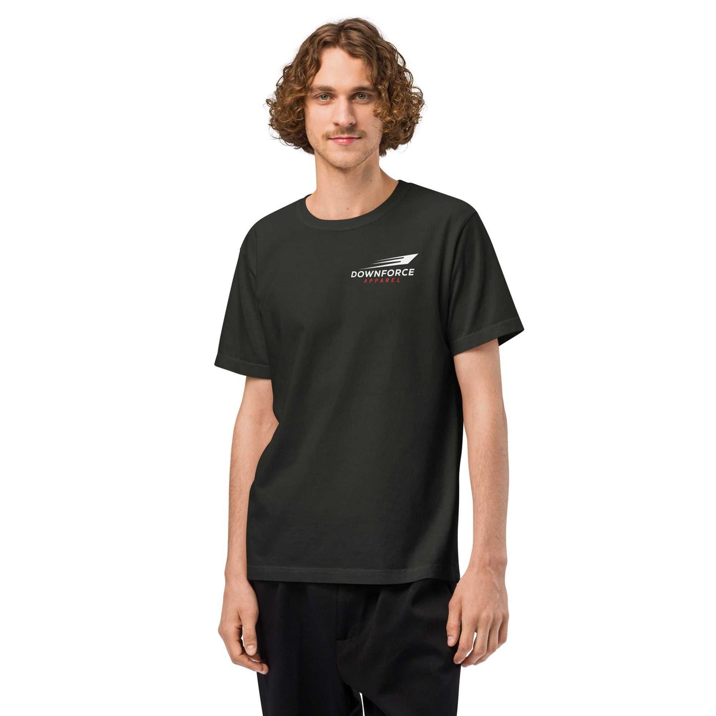 man wearing black oversized Drive Fast Take Chances tee with Downforce Apparel logo