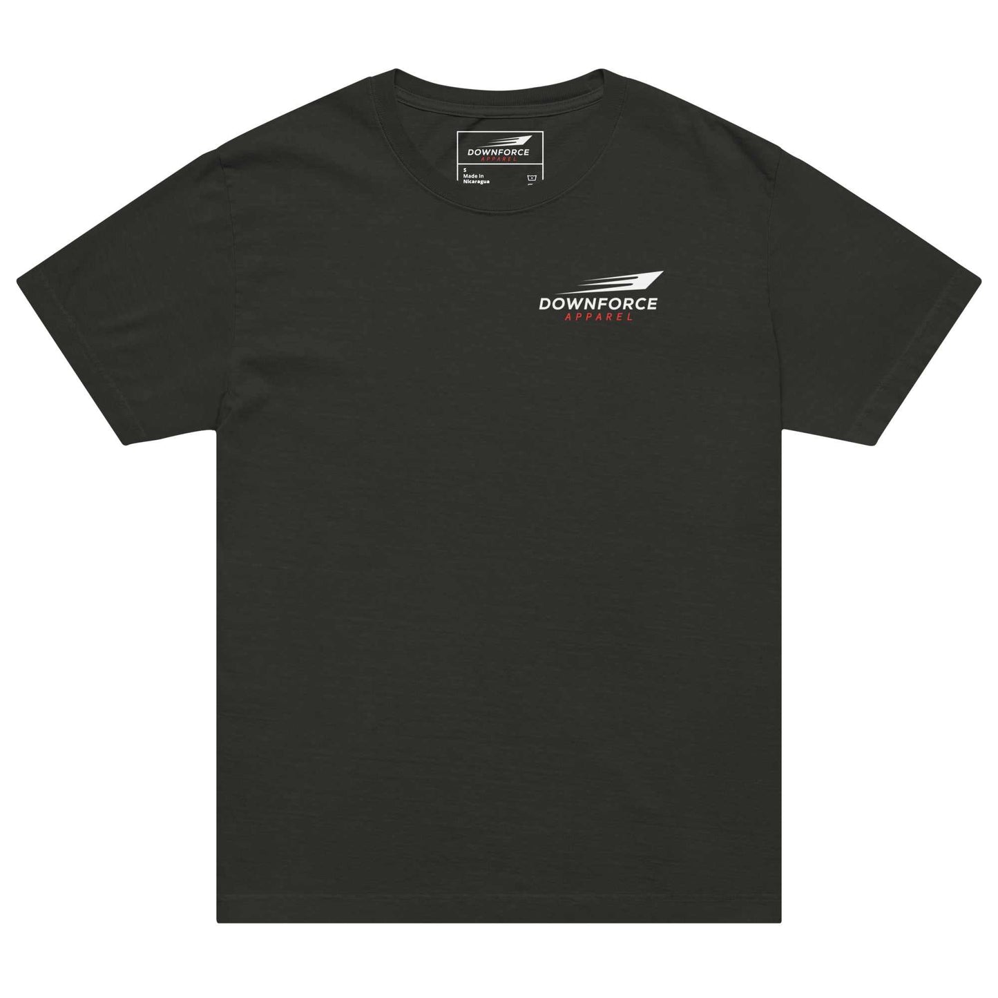 Oversized black heavyweight cotton tee with "Drive Fast Take Chances" vintage design and redline tachometer graphic for motorsport fans
