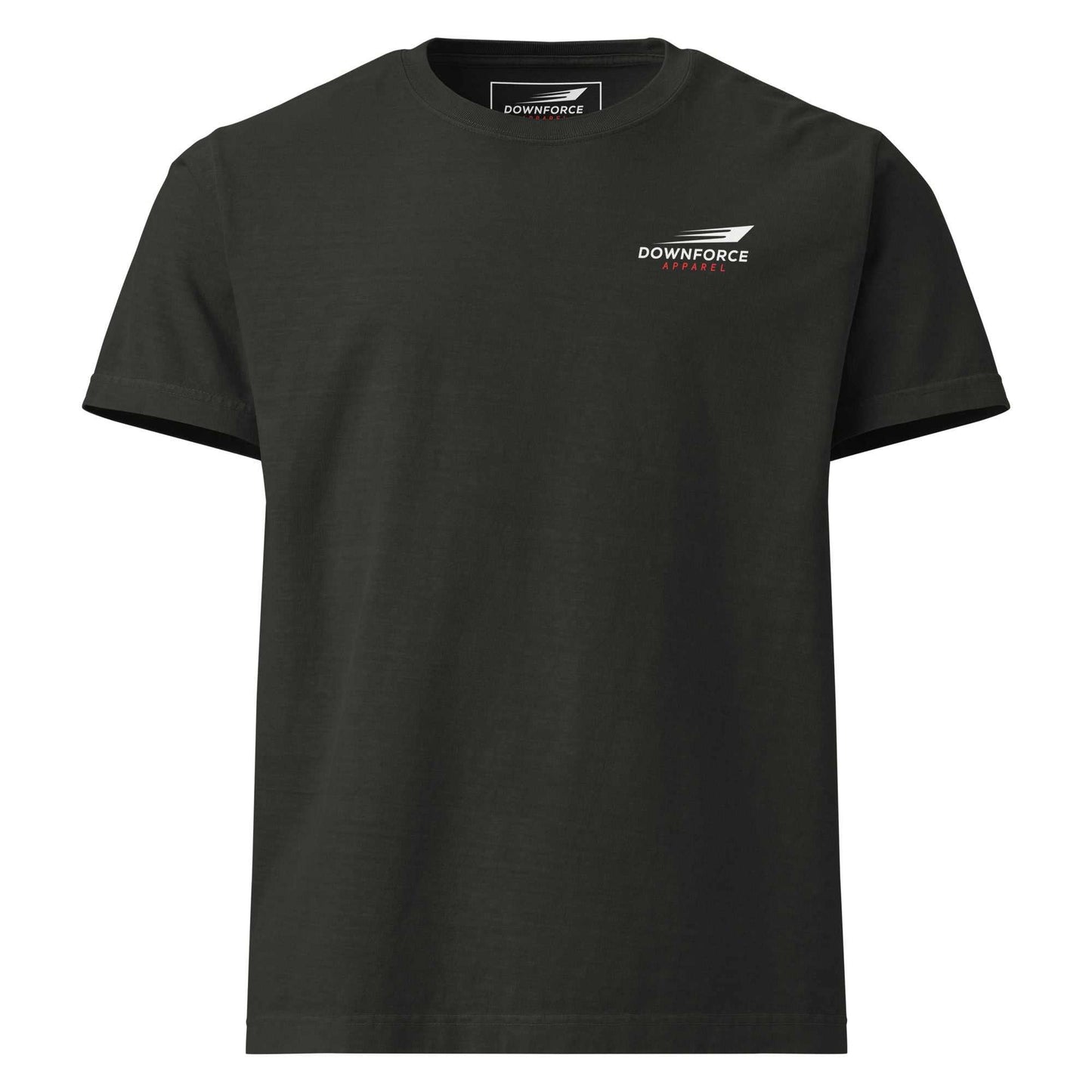 Black Legend Supra oversized tee with Downforce Apparel logo, heavyweight cotton, and vintage wash design