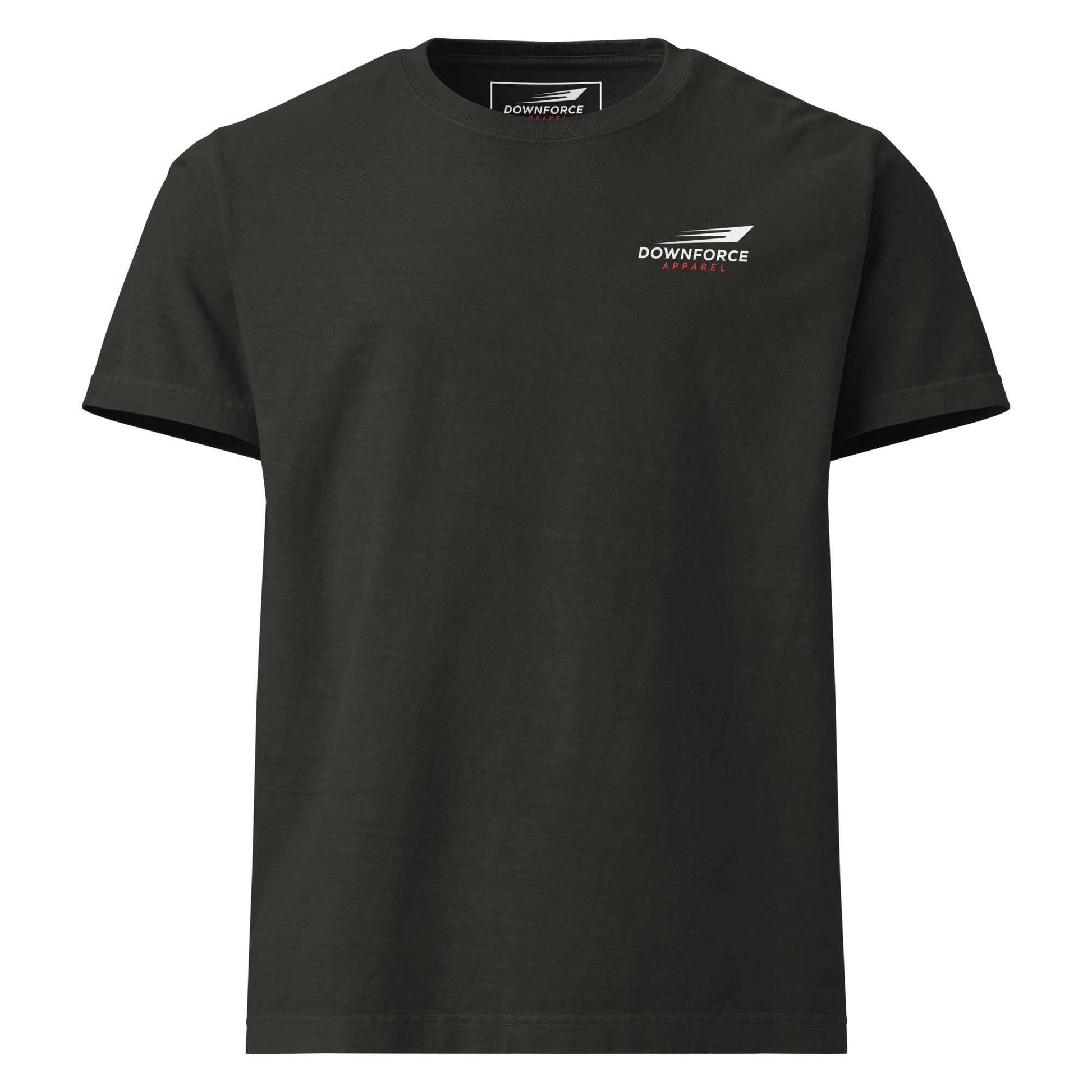 Black Legend Supra oversized tee with Downforce Apparel logo, heavyweight cotton, and vintage wash design