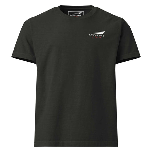 Black Legend Supra oversized tee with Downforce Apparel logo, heavyweight cotton, and vintage wash design