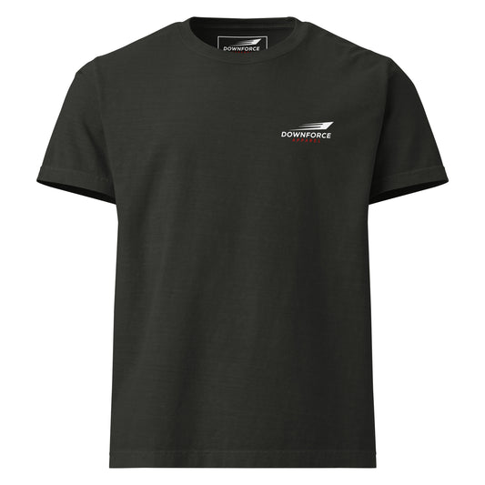 Unisex oversized washed black t-shirt with small graphic logo on chest