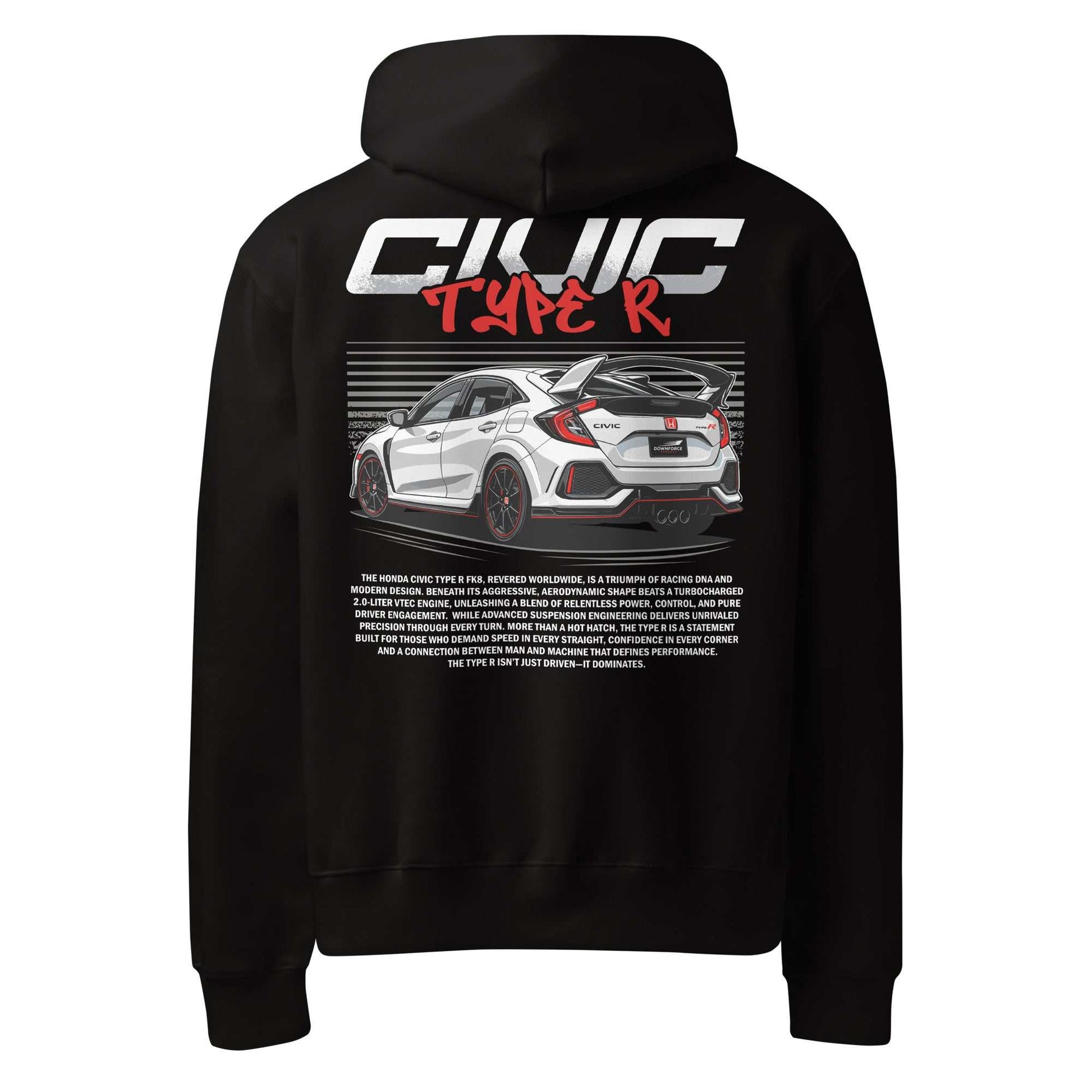 Black hoodie with Civic Type R FK8 white car graphic and bold text on the back