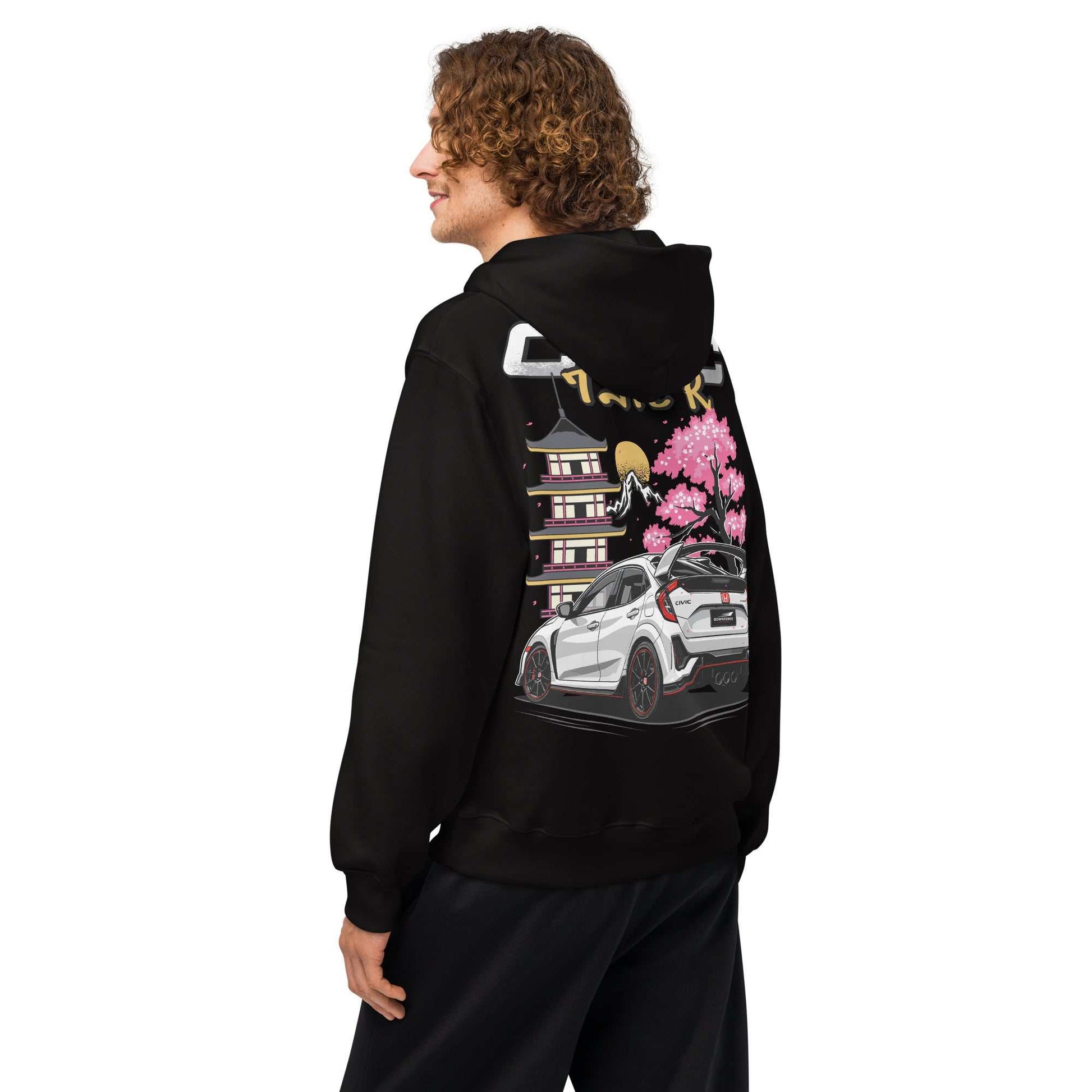 Black oversized hoodie featuring Civic Type R rear-view illustration with Japanese pagoda and cherry blossoms, breathable cotton-polyester fleece blend.