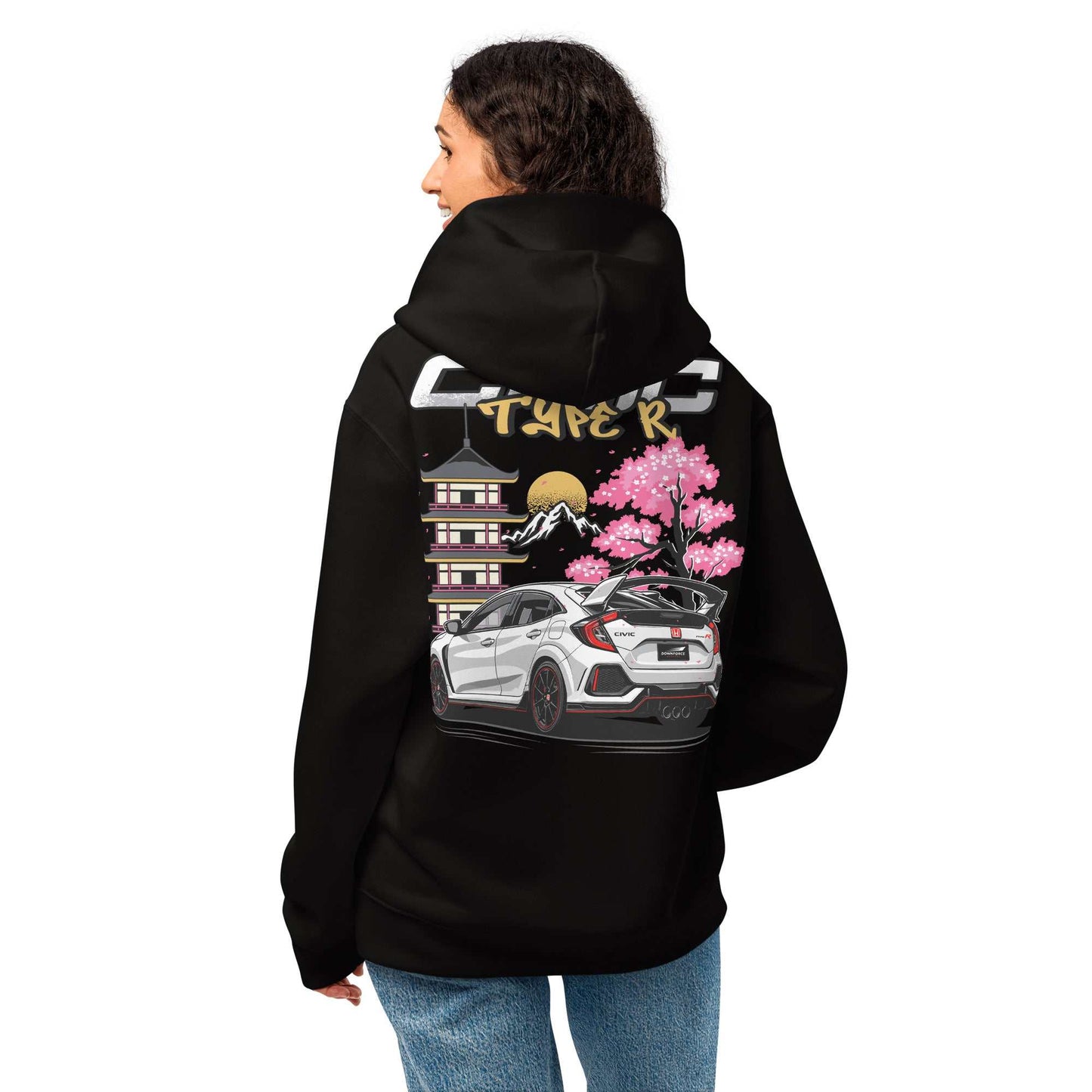 Black hoodie with Civic Type R car illustration, cherry blossoms, and Japanese pagoda design on back