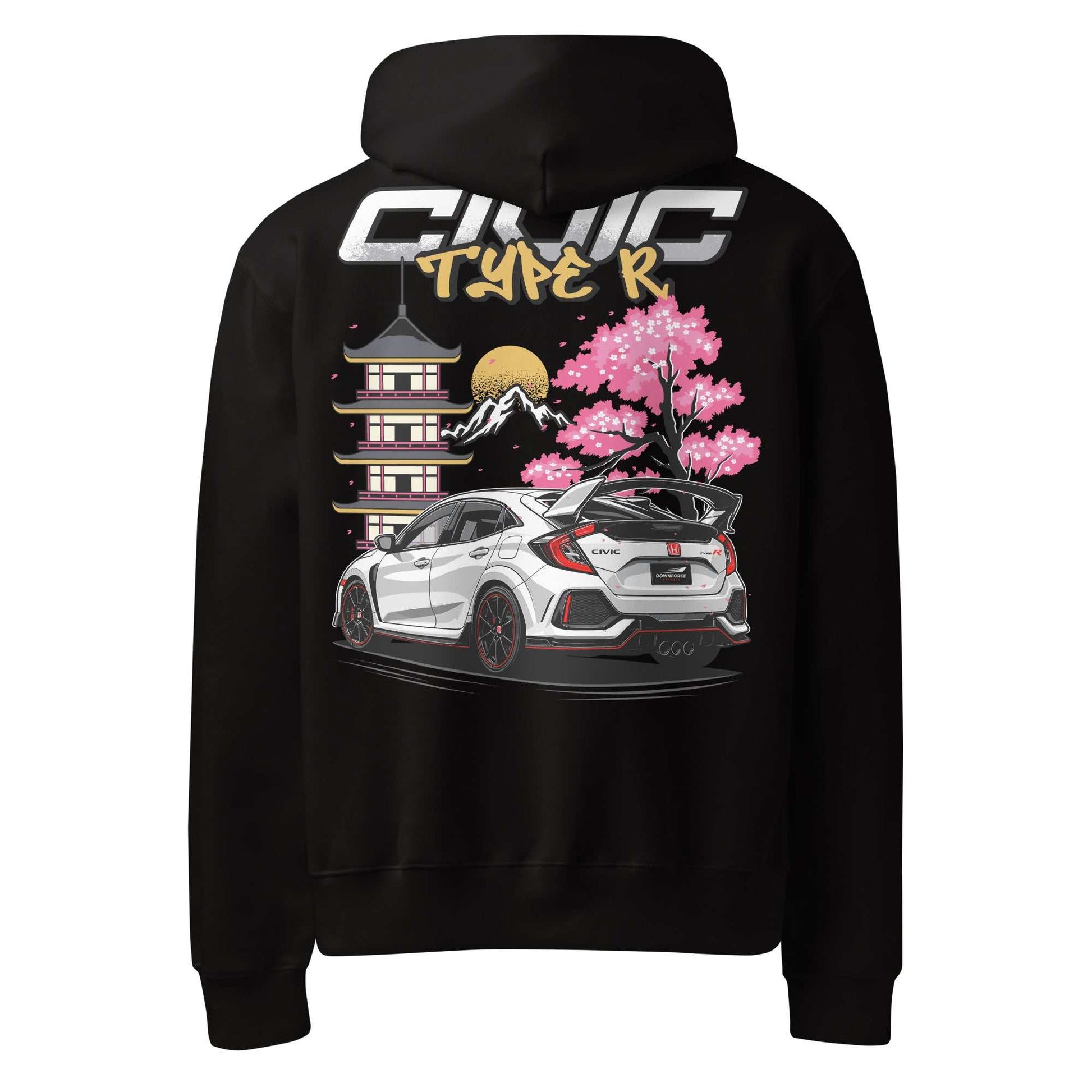Black hoodie featuring a rear-view illustration of a white Civic Type R with cherry blossoms and a pagoda, branded with "Civic Type R" text.