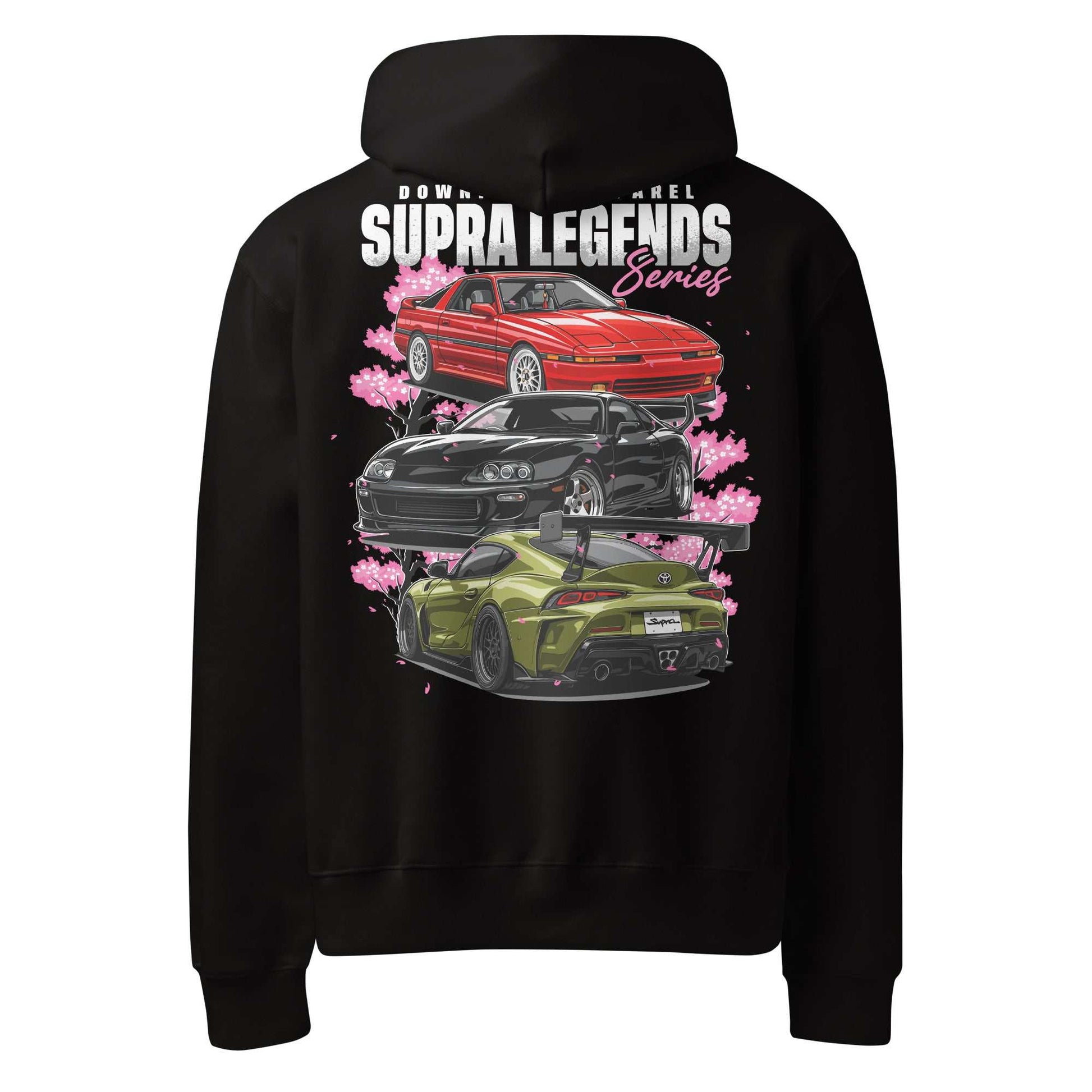 Black Supra Legends Series Hoodie featuring detailed graphic of red, black, and green Toyota Supra cars with cherry blossoms on the back
