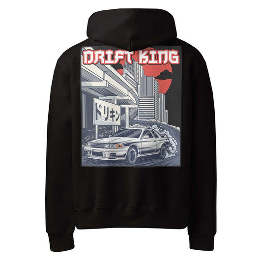 Drift King Oversized Hoodie in black with JDM cityscape drift graphic, heavyweight fleece, and cozy oversized fit